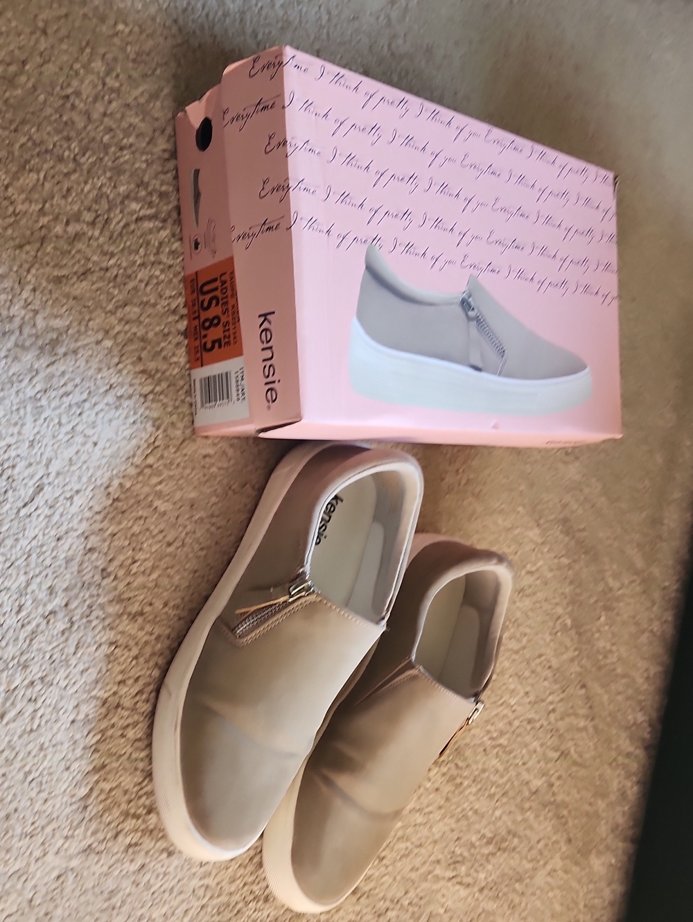 Kensie Beige Slip-On Sneakers with Gold Zipper